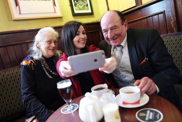 Pic Maxwells/Julien Behal No Fee 9/03/17 Dublin publicans have launched a new charity initiative with ALONE to mark the bicentenary of the Licensed Vintners Association (LVA).  The publicans have an ambition to raise €200,000 for ALONE’s ‘Befriending Services’. ALONE, which celebrates its 40th anniversary this year, is a national organisation that supports older people to age at home by providing community engagement programmes and other services to address social isolation among the elderly. The charity depends on public support to carry out its work with 100% of all donations going directly to the services it provides. Pictured launching the initiative and taking a selfie at The Two Sister’s Pub in Terenure are Noel Murphy (Kilmainham) on right  Annette Egan (Ranelagh) on left  and Befriender Mireya Gines 9centre)  Pic Maxwells/No Fee