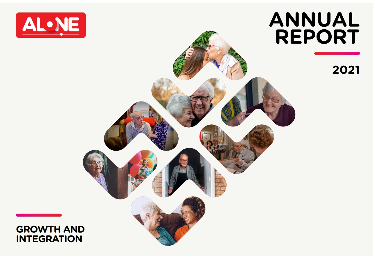 ALONE Annual Report 2021 cover, "Growth and Integration", with photos of older people and volunteers