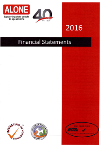 Cover of ALONE Financial Statements 2016, with ALONE logo and 40 years anniversary mark