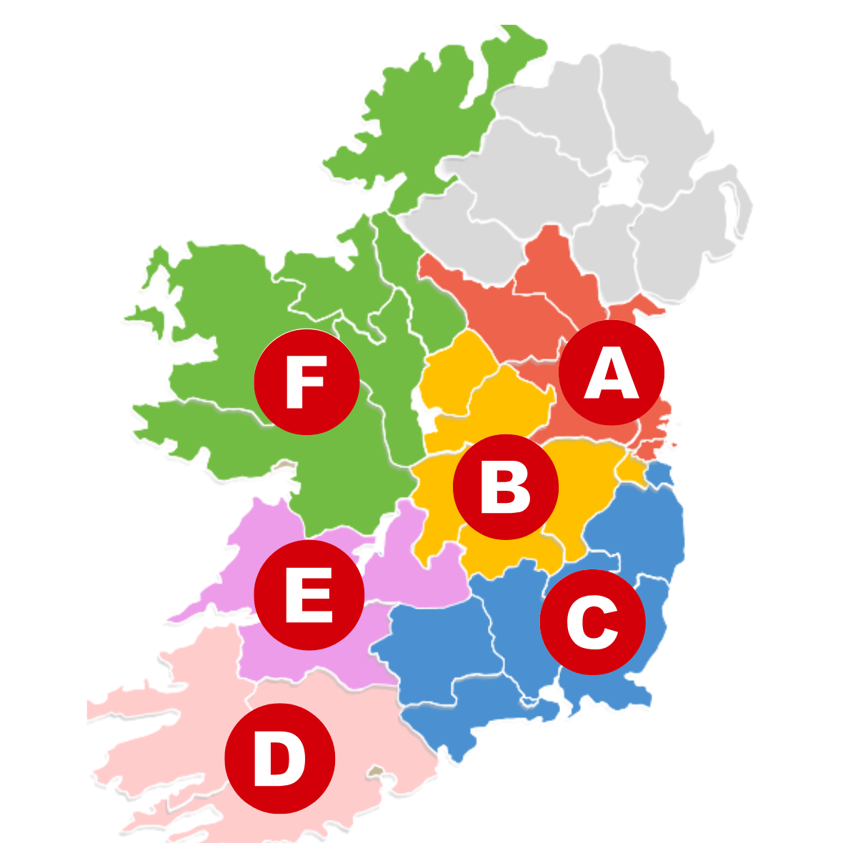 RHA Map Map of Ireland divided into six colour-coded regions labelled A to F with red circular markers