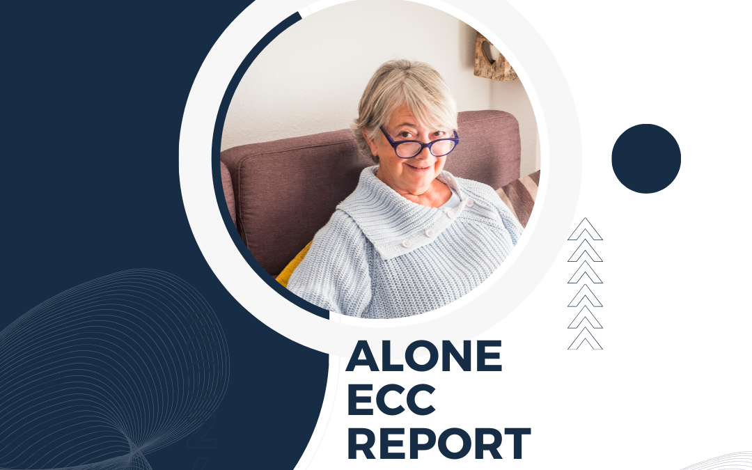 Cover of the ALONE ECC Report 2024, with a smiling older woman in a blue jumper and the ALONE logo