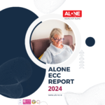Cover of the ALONE ECC Report 2024, with a smiling older woman in a blue jumper and the ALONE logo