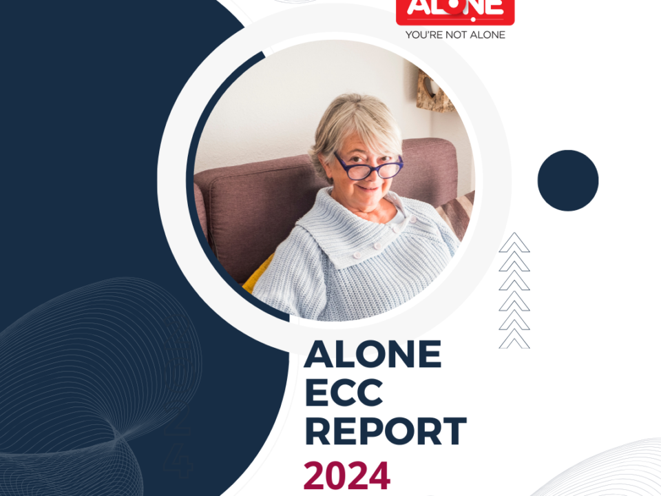 Cover of the ALONE ECC Report 2024, with a smiling older woman in a blue jumper and the ALONE logo