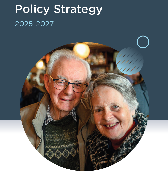 Cover of ALONE Research, Evaluation and Policy Strategy 2025-2027, with a smiling older couple