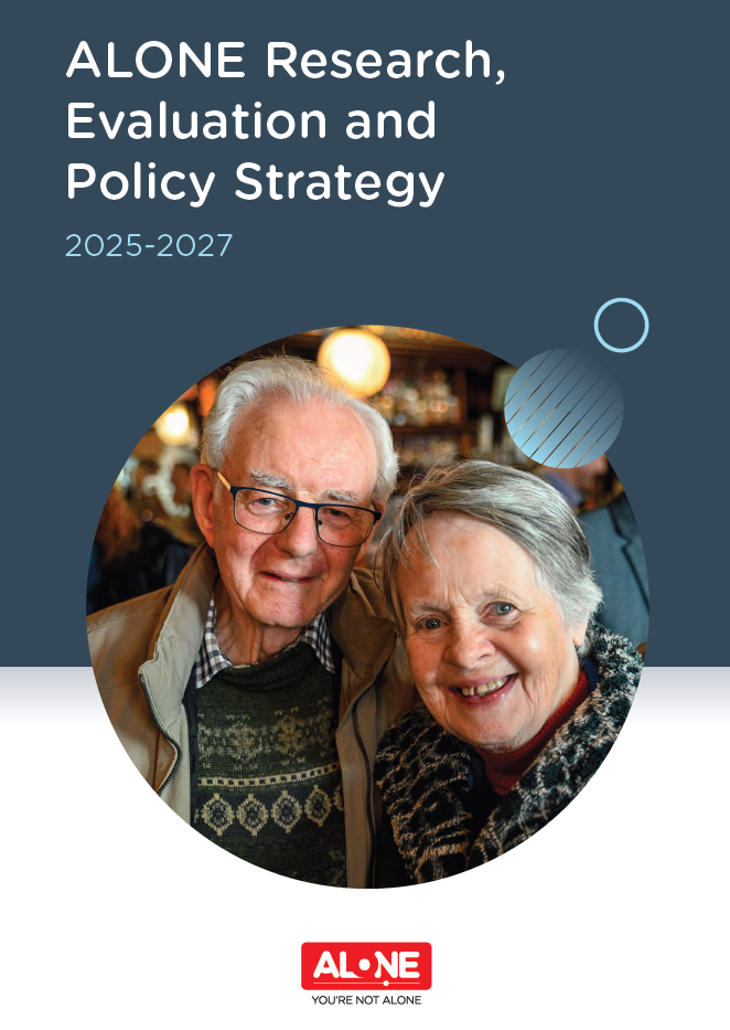 Cover of ALONE Research, Evaluation and Policy Strategy 2025-2027, with a smiling older couple