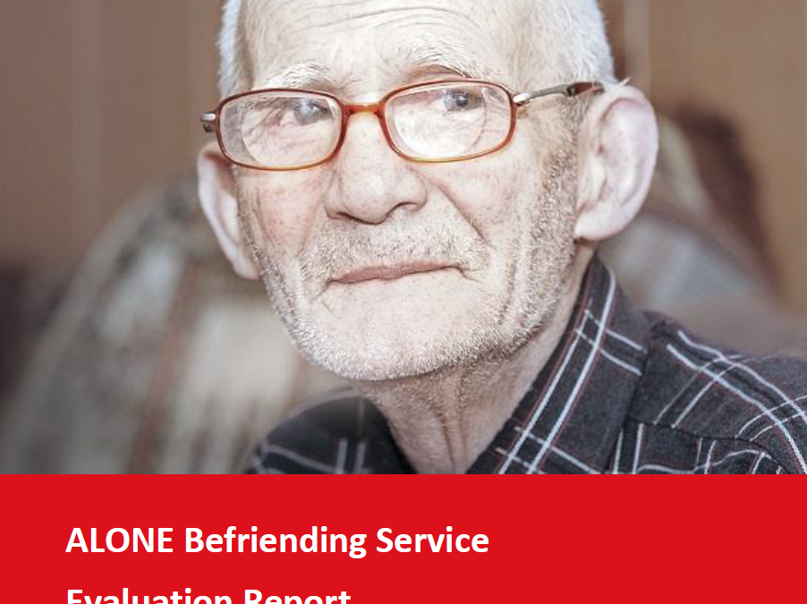 Cover of ALONE Befriending Service Evaluation Report, 30th October 2015, with a portrait of an older man