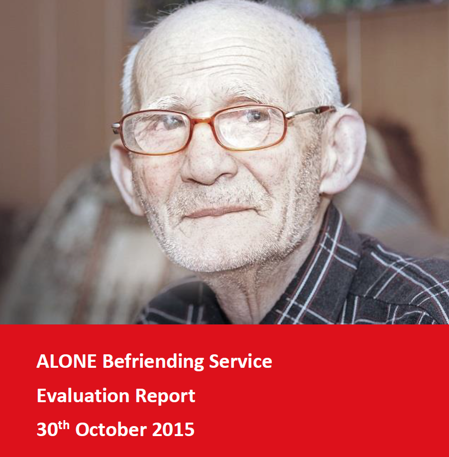 Cover of ALONE Befriending Service Evaluation Report, 30th October 2015, with a portrait of an older man