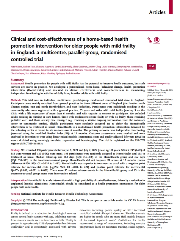 Lancet Healthy Longevity paper: home-based health promotion intervention for older people with mild frailty
