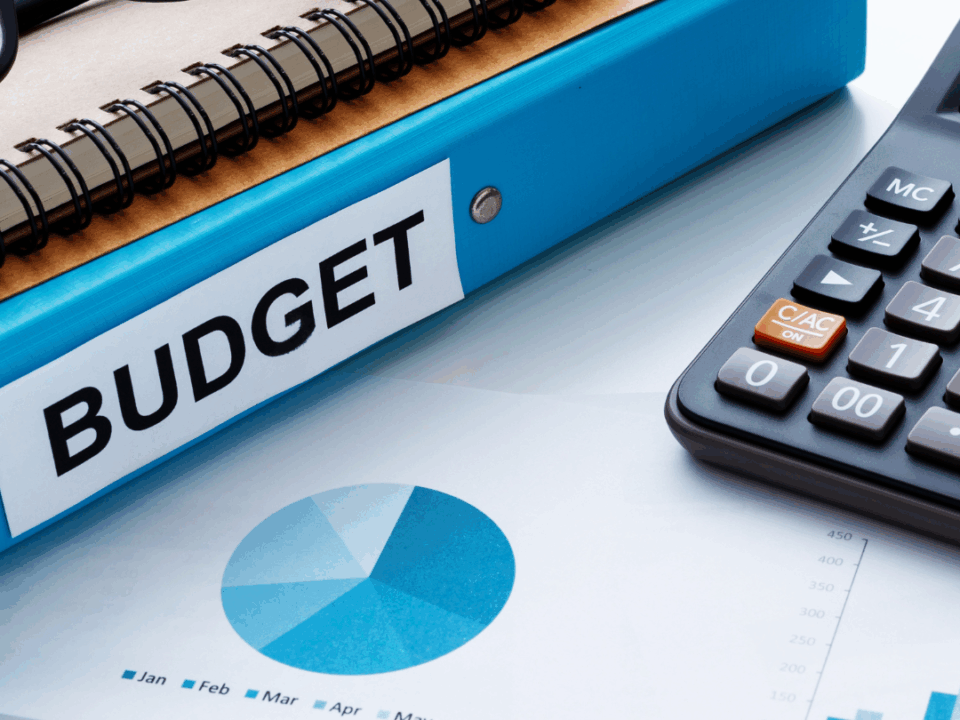 Blue folder labelled "BUDGET" beside glasses, notebook, calculator and financial charts, with ALONE logo
