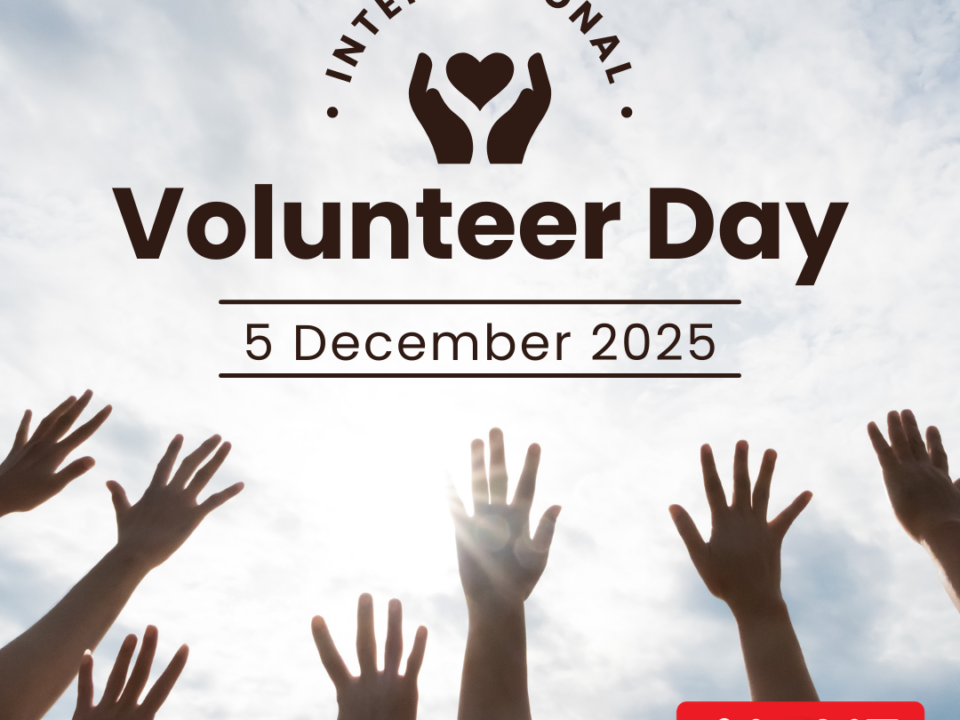 International Volunteer Day, 5 December 2025 — hands raised to a bright sky, with the ALONE logo