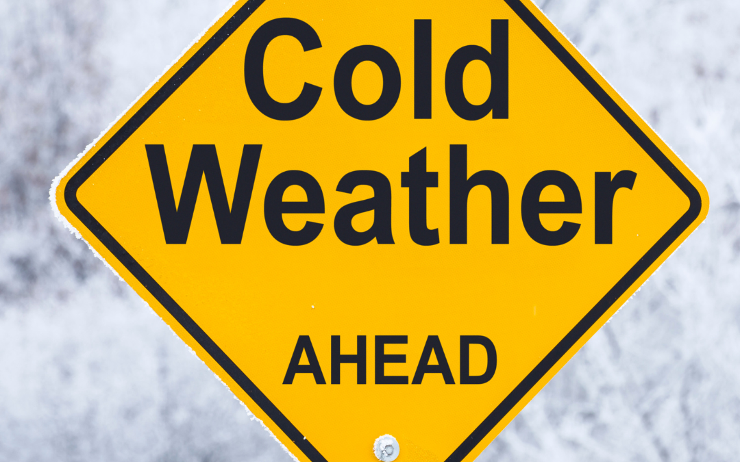 Yellow diamond road sign reading "Cold Weather Ahead" against a frosty, snow-covered landscape