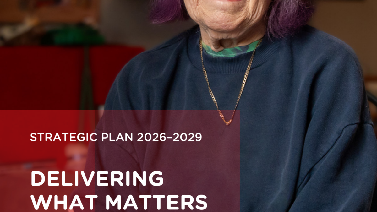 ALONE Strategic Plan 2026"2029 cover: "Delivering What Matters", with a smiling older woman with purple hair
