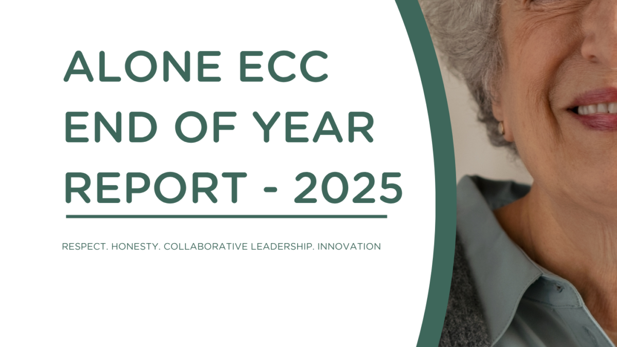 Cover of ALONE ECC End of Year Report 2025: "Supporting Older People to Age Well at Home", with a smiling older woman