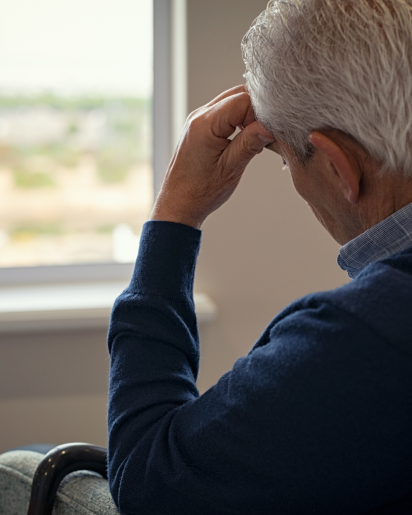 Older man in a navy jumper sits by a window with his hand to his forehead, looking downcast