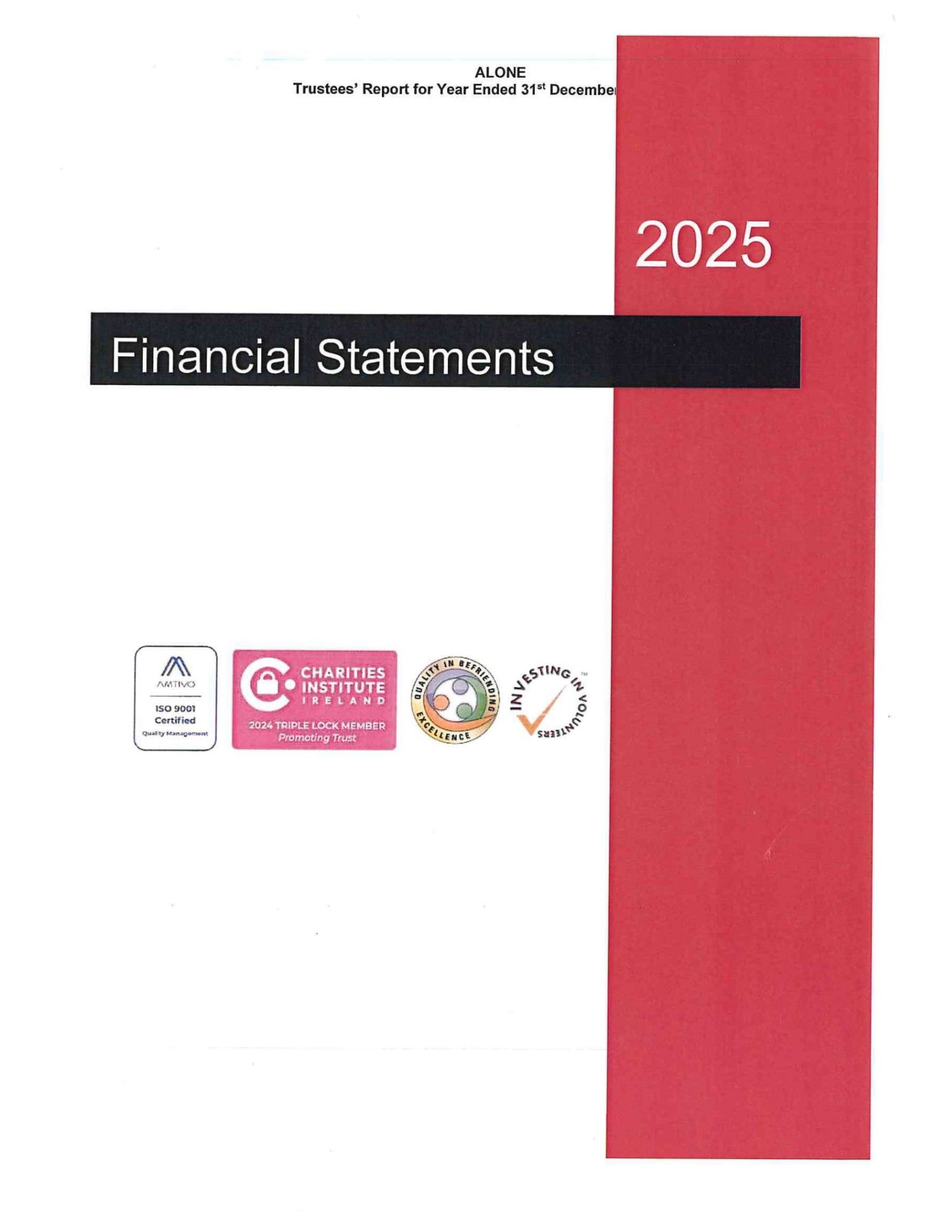 Cover of ALONE Financial Statements 2025, Trustees' Report for year ended 31 December, with accreditation logos